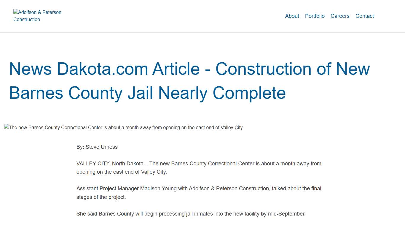 News Dakota.com Article – Construction of New Barnes County Jail Nearly Complete